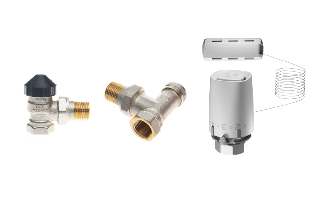 Комплект для двухтрубной системы отопления: клапан терморегулирующий 013G7015R + клапан запорный угловой 003L0145R + термостатический элемент с выносным датчиком температуры 003G9006R (присоединение М30х1,5)